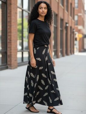 LuLaRoe Black Maxi Skirt with Multicolor Feather Motif